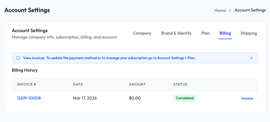 Billing tab in SampleHQ Account Settings showing Billing History table with invoice number, date, amount, and status