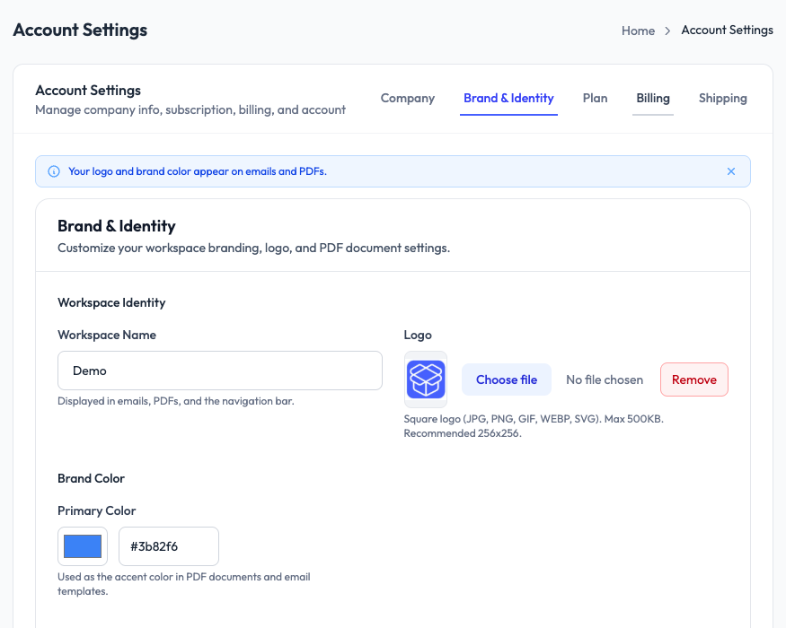 Brand and Identity tab in SampleHQ Account Settings showing Workspace Name, Logo upload, and Primary Color picker