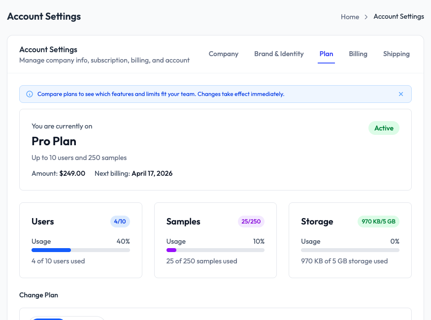 Plan tab in SampleHQ Account Settings showing Pro Plan details with Users, Samples, and Storage usage meters