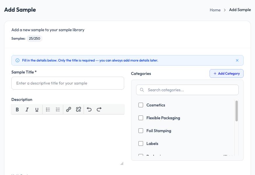 Add Sample form in SampleHQ showing title, description, and category fields