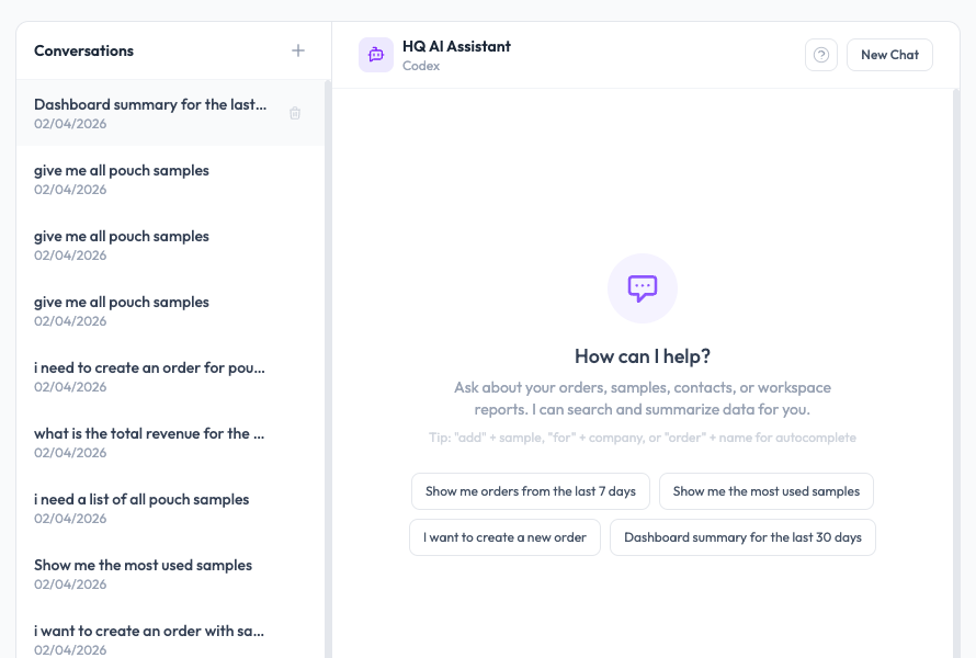 HQ AI Assistant chat interface in SampleHQ showing conversation history on the left and welcome prompt with suggested actions like Show me orders from the last 7 days and I want to create a new order