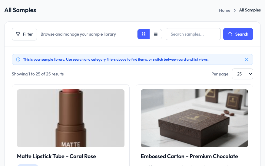All Samples page in SampleHQ showing sample library with filterable grid of product cards