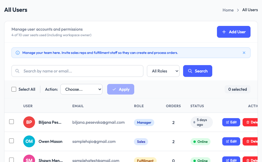 All Users page in SampleHQ showing user list with name, email, role, orders count, status, and action buttons