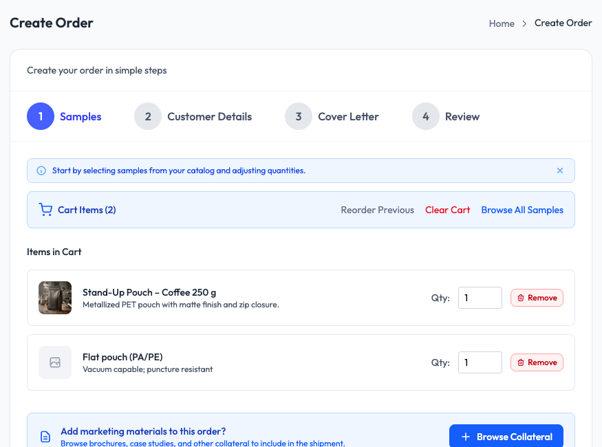 Create Order Step 1 in SampleHQ showing sample selection with cart items, quantities, and options to browse samples or reorder previous