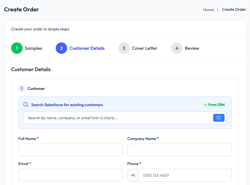 Create Order Step 2 in SampleHQ showing Customer Details form with CRM search, name, company, email, and phone fields