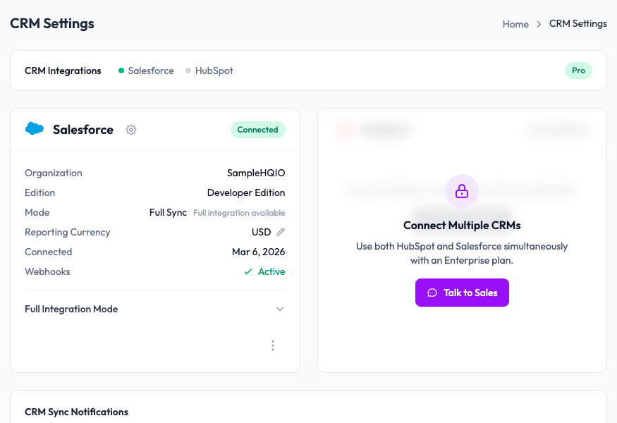 CRM Settings page in SampleHQ showing Salesforce connected with organization details, edition, mode, currency, connection date, and webhook status
