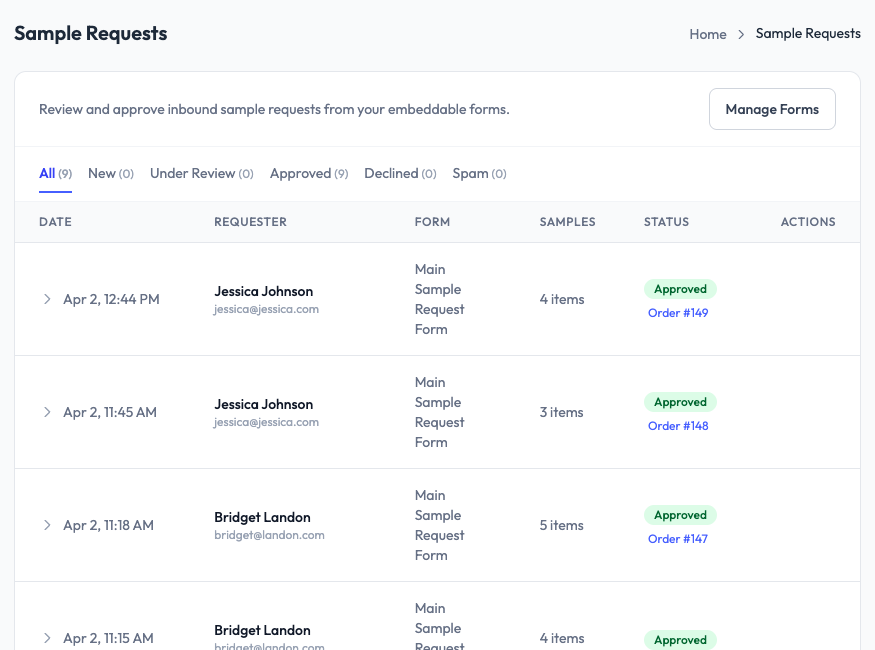 Sample Requests inbox in SampleHQ showing submissions list with date, requester, form name, samples count, approval status, and linked order number